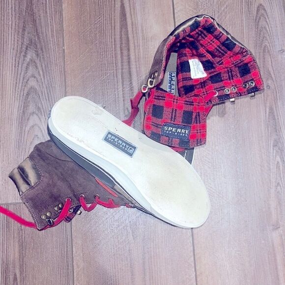 Vintage Sperry plaid tartan brown & red high top sneakers - Picture 3 of 5